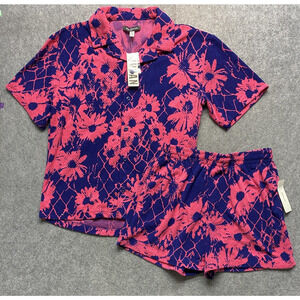 Urban Outfitters Set Mens Medium Pink Floral Terry Shirt Shorts Summer Casual